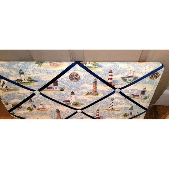 Memo/ Picture/ Notice Bulletin Board, Coastal Lighthouse fabric w criss cross - Picture 1 of 13